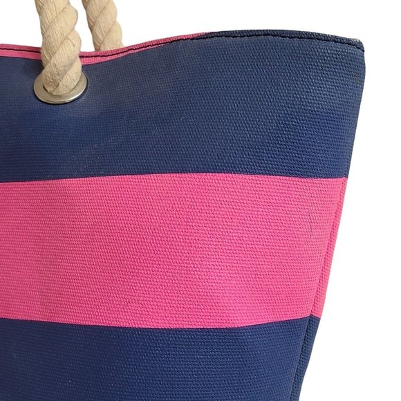 CROCS Pink Blue Striped Nautical Rope Handle Zippered Beach Tote Bag - Picture 5 of 7